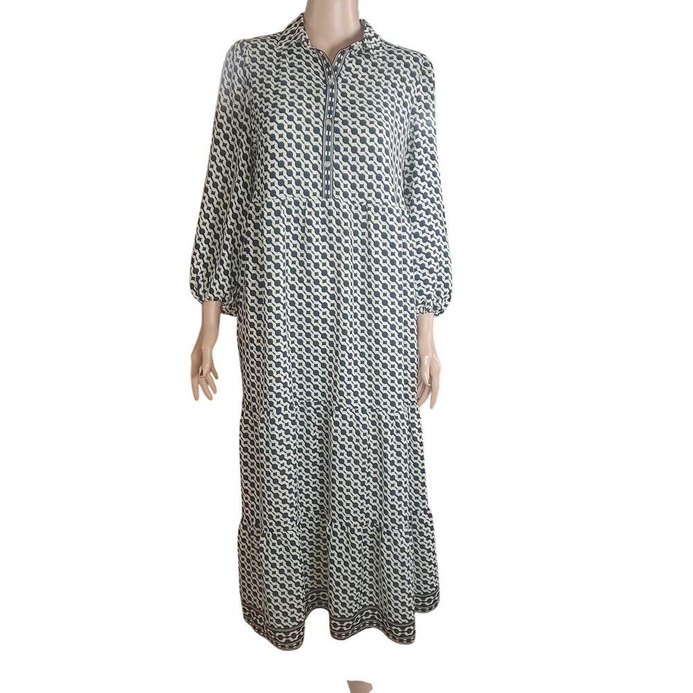 NEW Max Studio Oversized Tiered Maxi Dress Size S Black Geo Boho Modest Pockets